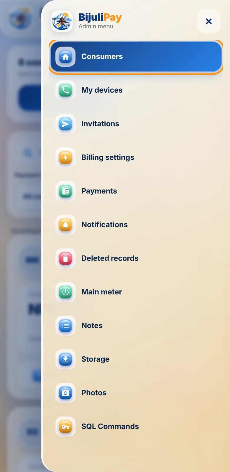 Admin menu listing consumers, invitations, billing settings and payments