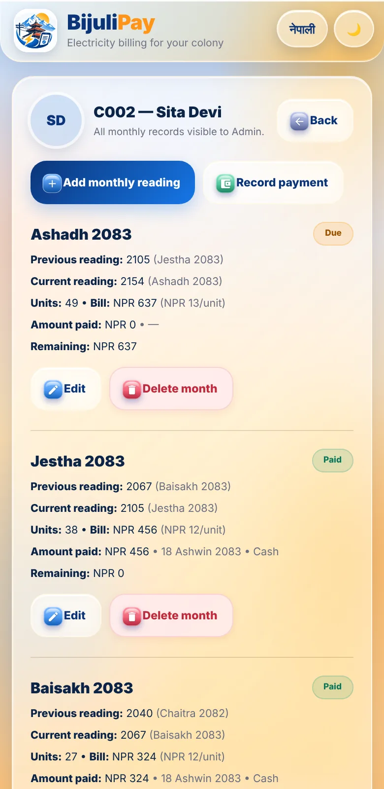 Monthly records of a consumer with readings, units, bill and payment